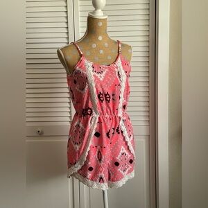True Destiny Pink Aztec Lace-Trim Romper